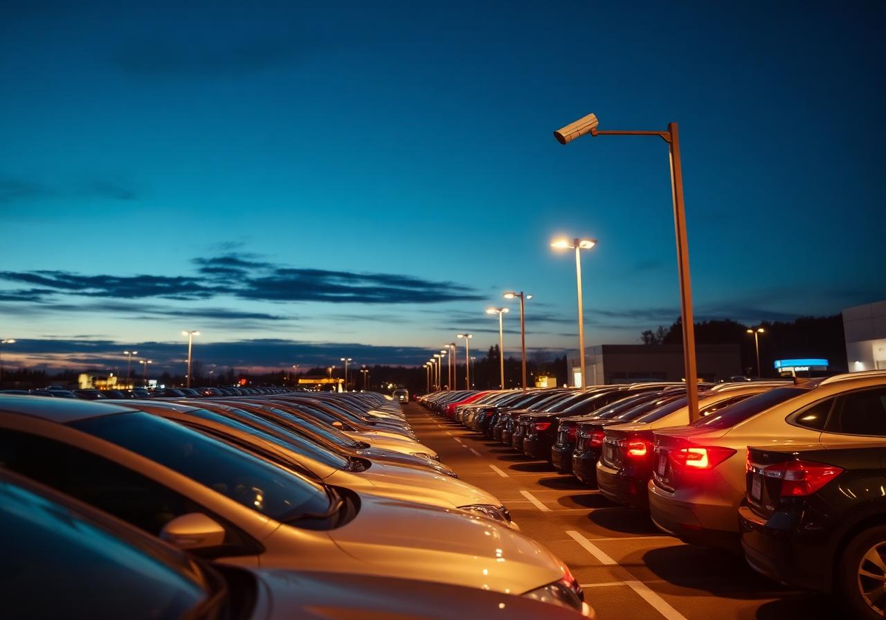 Surveillance camera watching a car dealership lot at dusk