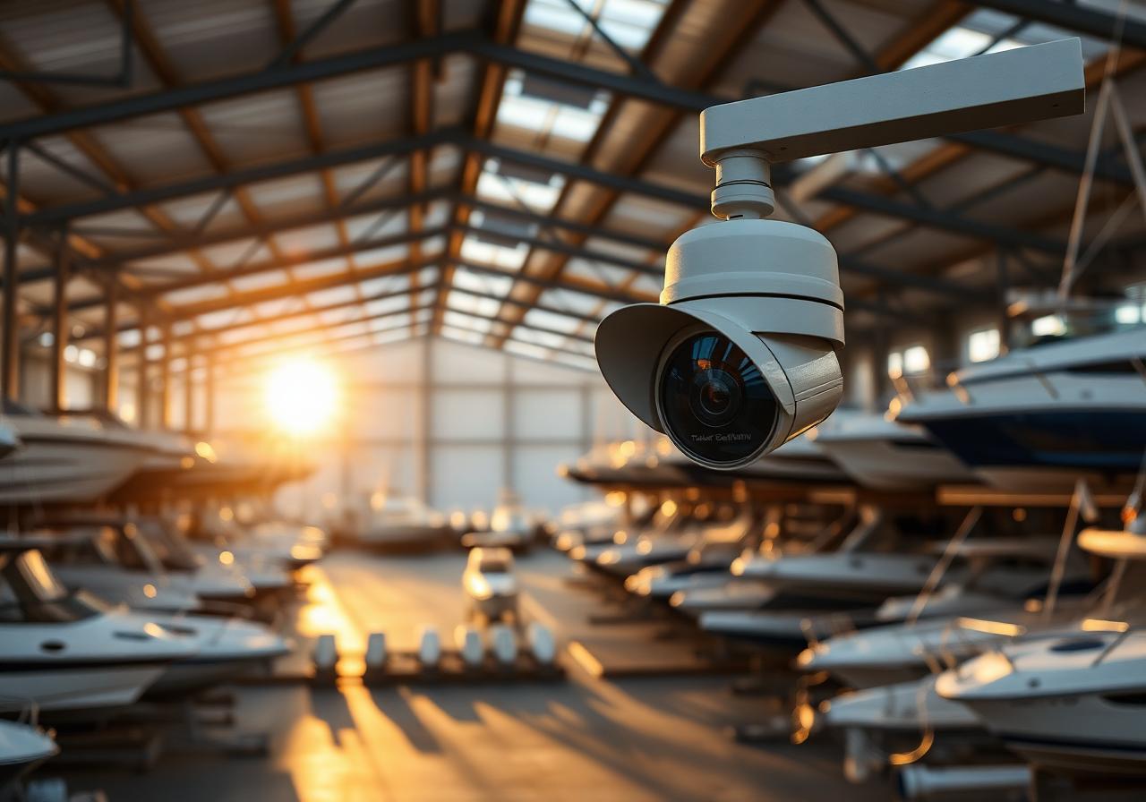 Camera system covering boats stored inside a steel marina building