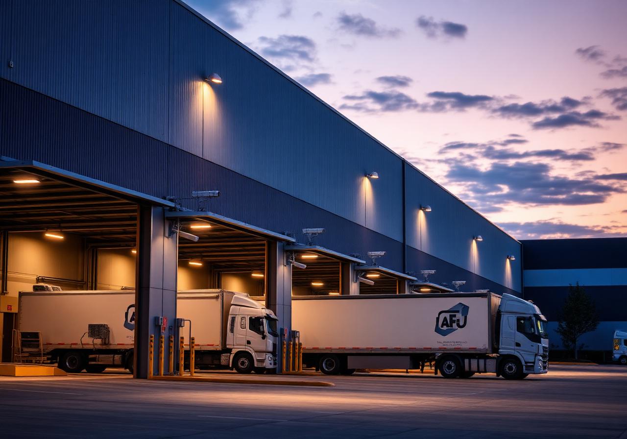 Security camera coverage over a warehouse loading dock with trailers at the bays